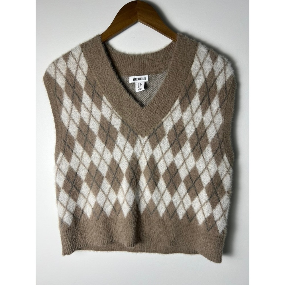 William Rast Wm Med‎ Argyle Fuzzy Knit Sweater Vest Brown Tan V-Neck